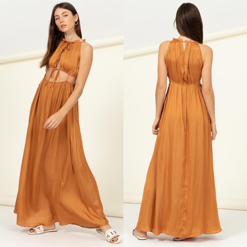 ✨24 HOUR SALE✨ Swept Away Camel Satin Maxi Dress - Picture 3 of 3